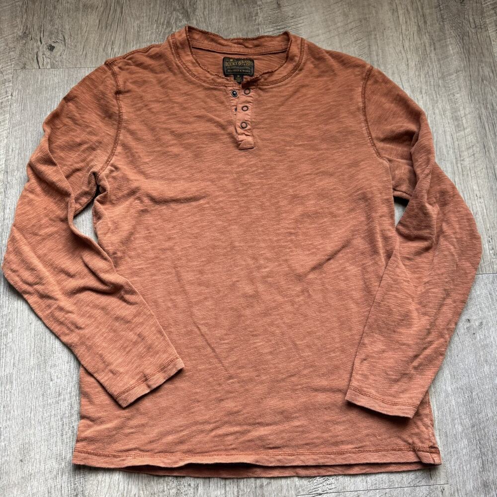 Lucky Brand Shirt Henley Mens XL Burnt Orange Washed & Worn Knit Long Sleeve UT